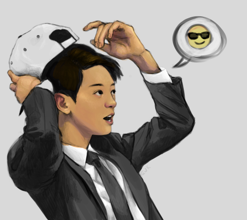 Digital illustration of a boy putting on a hat with a sunglasses emoji