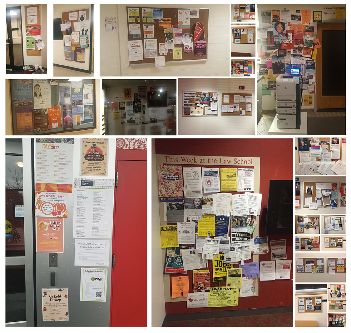 Collage of bulletin board photos, each one is covered in various posters.