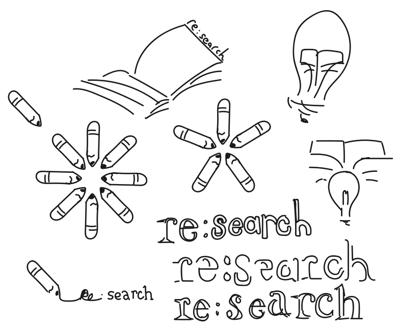 sketches of research logo featuring pencils and lightbulbs