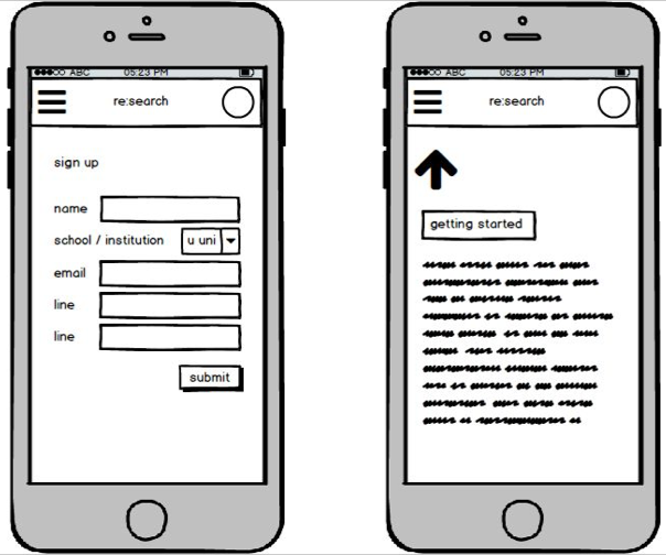 Mobile wireframes of signup form and getting started modal