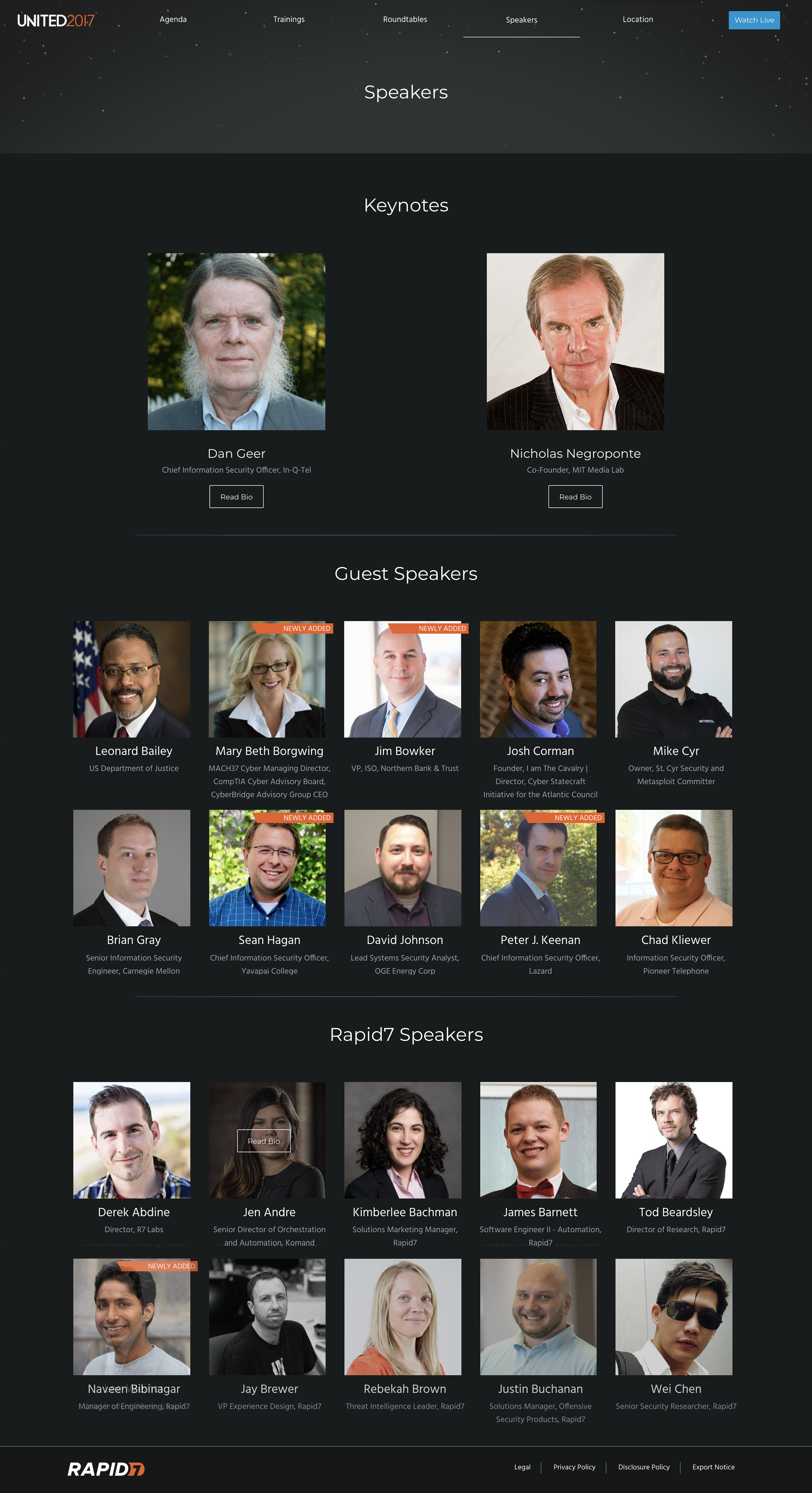 An organized list of keynote and guest speaker portraits and names
